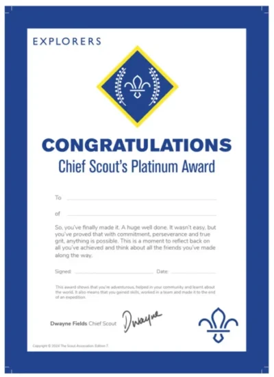 Chief Scout's Platinum Award Certificate - Pack of 10